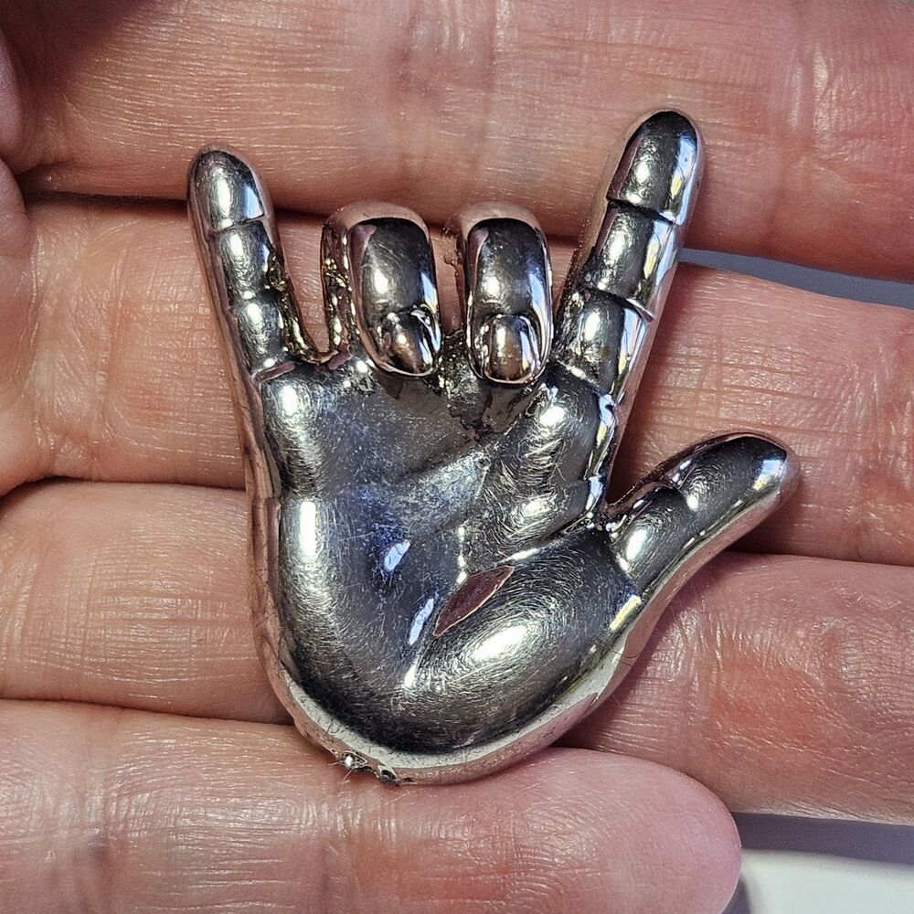 Silver Tone I Love You Hand Sign Brooch